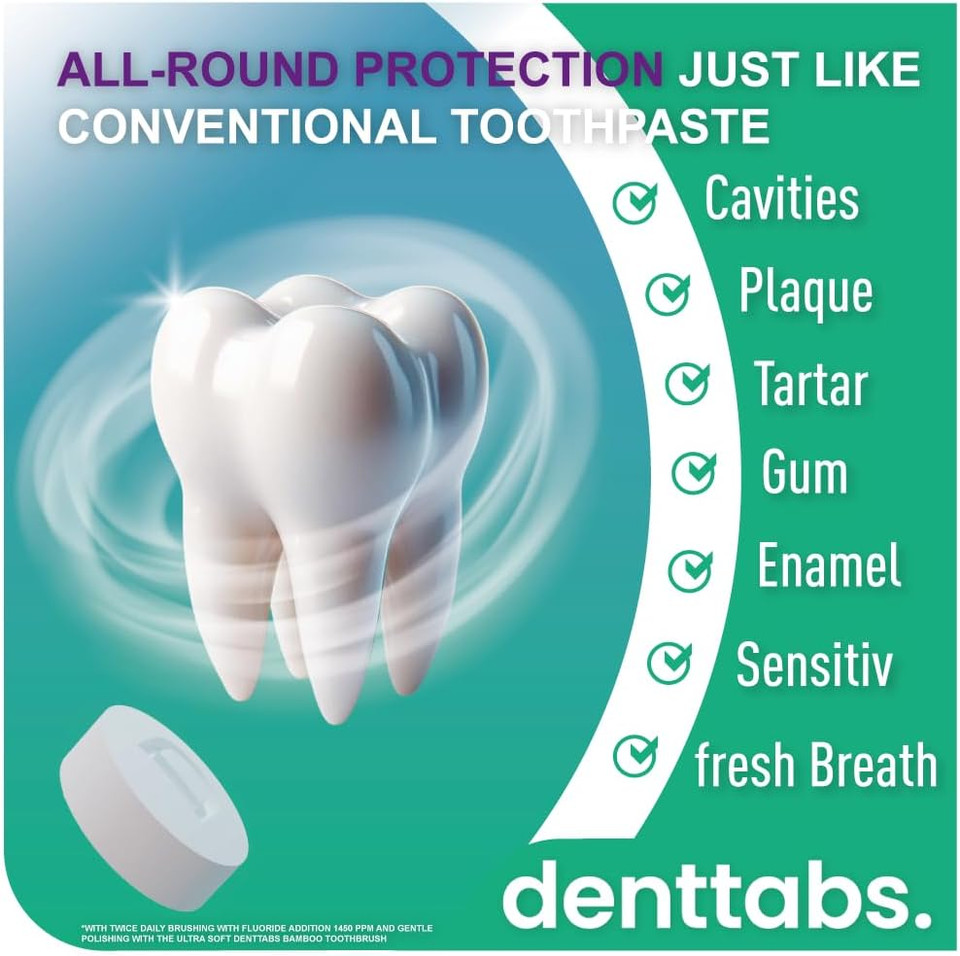 DENTTABS Teeth Cleaning Tablets with Fluorid Pack of 125 The Full-fledged Alternative to Toothpaste, Mint Vegan Plastic-Free Without preservatives. in The Original denttabs compostable Bag