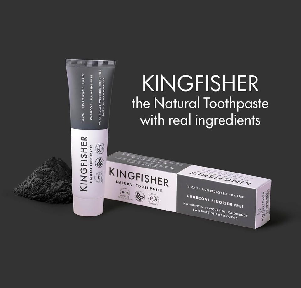 Kingfisher Natural Toothpaste Charcoal Mint Fluoride-Free | Vegetarian & Vegan | Oral Health Foundation Approved | Gluten-Free & GM-Free | Ethical Consumer Best Buy | 1x100ml Tube
