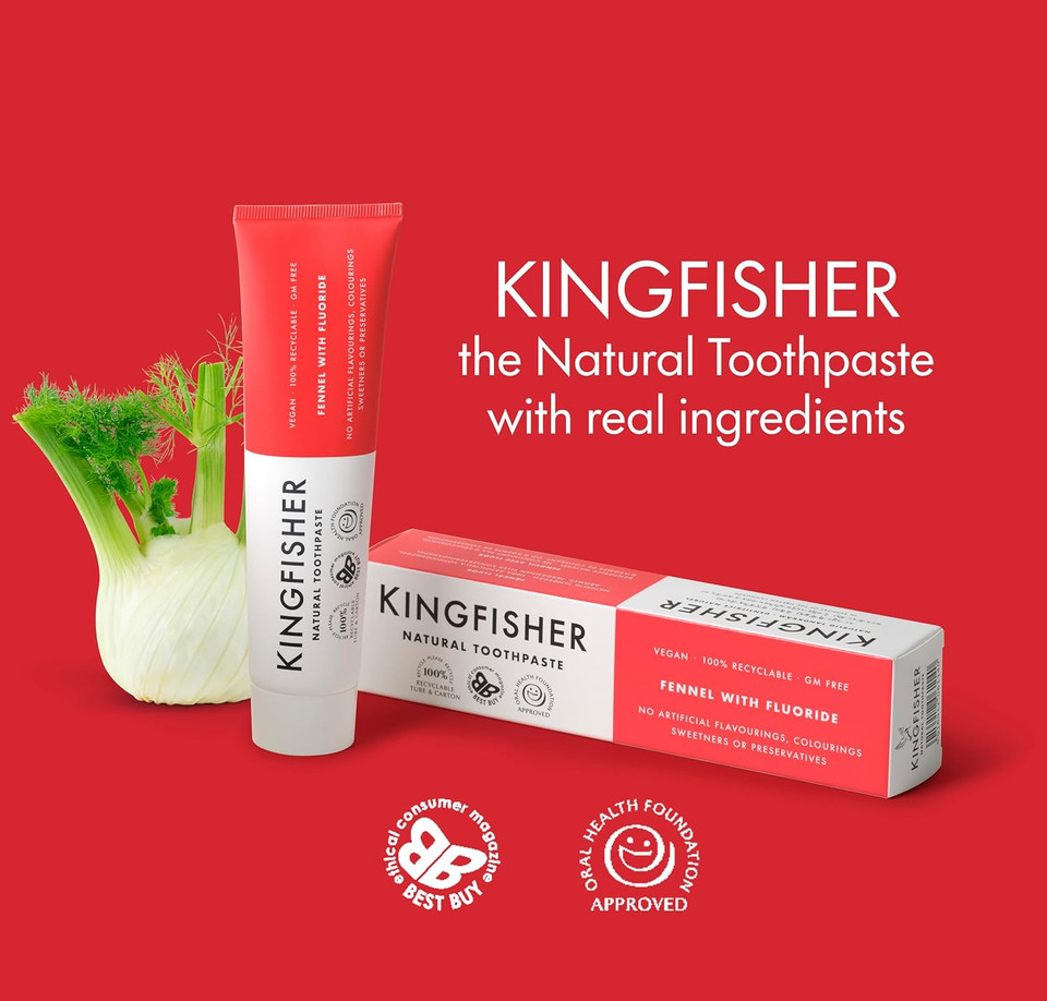 Kingfisher Natural Toothpaste Fennel with Fluoride | Suitable for Vegetarians & Vegans | Oral Health Foundation Approved | Gluten-Free & GM-Free | Ethical Consumer Best Buy | 1 x 100ml Tube