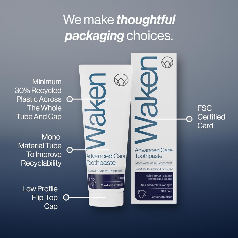 Waken Advanced Care Toothpaste - SLS Free with Natural Peppermint & Fluoride, Vegan Toothpaste for Fresh Breath, Clean Teeth & White Smile, 75ml