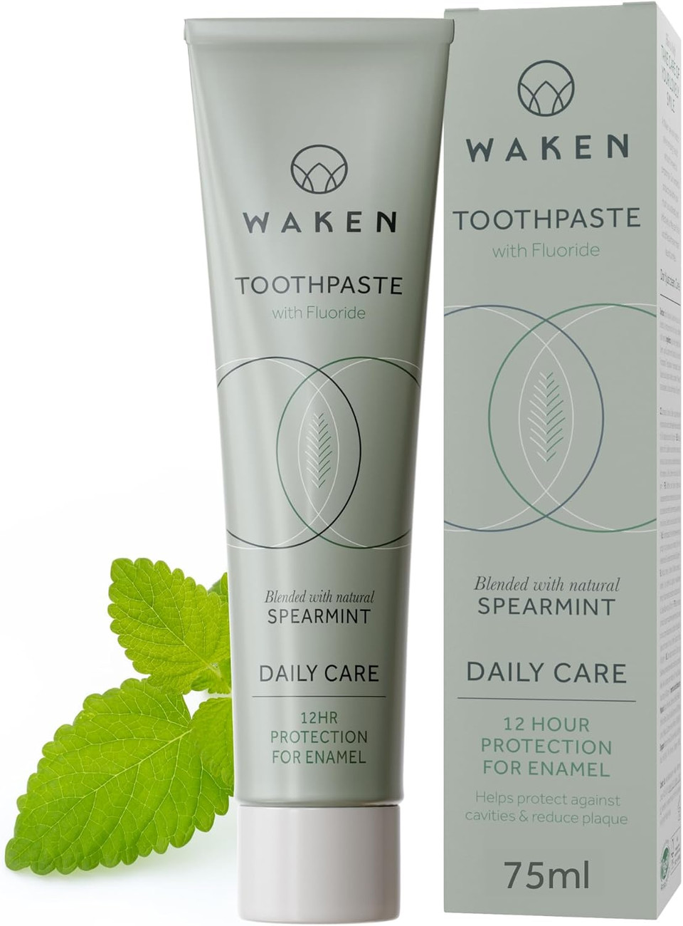 Waken, Spearmint Fluoride Toothpaste, Helps Protect Against Cavities and Reduce Plaque, No Artificial Colours, Thoughtful Packaging, Recycled Aluminium Tube, Vegan Toothpaste, 75ml