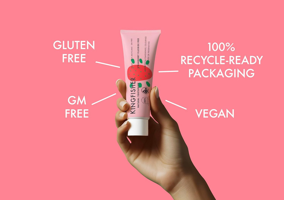 Kingfisher Natural Toothpaste Strawberry Fluoride-Free | Suitable for Vegetarians & Vegans | Gluten-Free & GM-Free | Ethical Consumer Best Buy | 1 x 100ml Tube