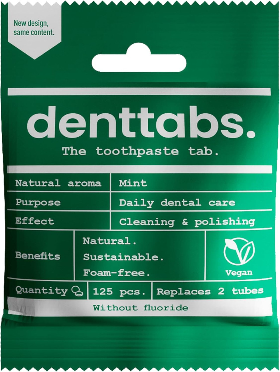 DENTTABS Teeth Cleaning Tablets - Fluoride-Free - Pack of 125 - Toothpaste Alternative - Plaque Removal - Mint Flavour - Vegan Plastic-Free Without Preservatives - Compostable Bag - Clean Effectively