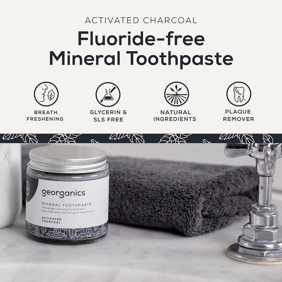 Georganics Mineral Toothpaste - 60ml - Activated Charcoal - Fluoride, SLS & Glycerine Free - Non-Foaming Natural Toothpaste with Virgin Coconut Oil - Certified Cosmos Natural, Vegan and Cruelty-Free