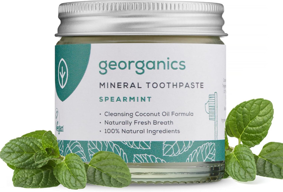 Georganics Mineral Toothpaste - 60ml - Spearmint Flavour - Fluoride, SLS & Glycerine Free - Non-Foaming Natural Toothpaste with Virgin Coconut Oil - Certified Cosmos, Vegan and Cruelty-Free