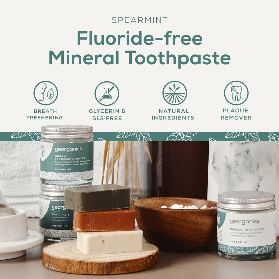 Georganics Mineral Toothpaste - 60ml - Spearmint Flavour - Fluoride, SLS & Glycerine Free - Non-Foaming Natural Toothpaste with Virgin Coconut Oil - Certified Cosmos, Vegan and Cruelty-Free