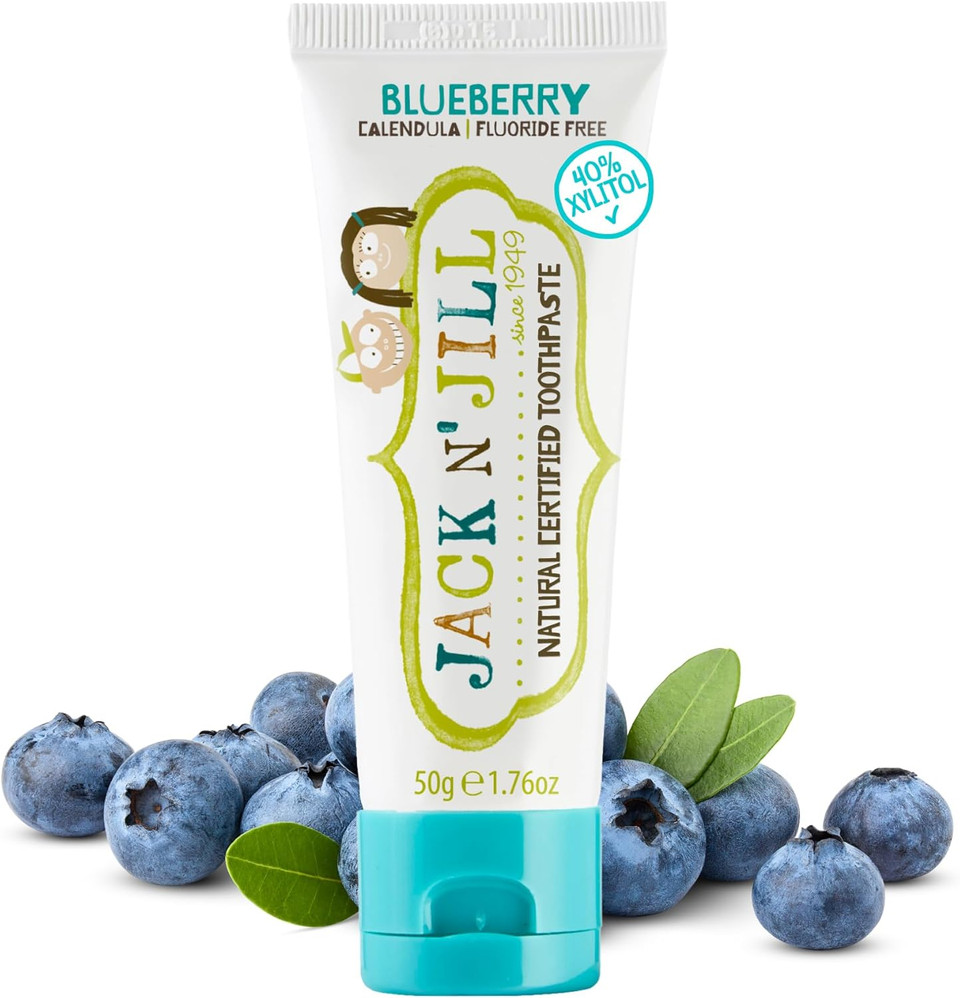 Jack N' Jill Natural Certified Toothpaste - Baby & Toddler Toothpaste, Fluoride-Free, 40% Xylitol, Sugar-Free, Safe for 6 Months and Up, Makes Tooth Brushing Fun, Organic Blueberry Flavour, 1 x 50g Jack N' Jill Natural Certified Toothpaste - Baby & Toddler Toothpaste, Fluoride-Free, 40% Xylitol, Sugar-Free, Safe for 6 Months and Up, Makes Tooth Brushing Fun, Organic Blueberry Flavour, 1 x 50g