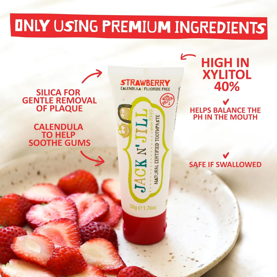 Jack N' Jill Natural Certified Toothpaste - Baby & Toddler Toothpaste, Fluoride-Free, 40% Xylitol, Sugar-Free, Safe for 6 Months and Up, Makes Tooth Brushing Fun, Organic Blueberry Flavour, 1 x 50g Jack N' Jill Natural Certified Toothpaste - Baby & Toddler Toothpaste, Fluoride-Free, 40% Xylitol, Sugar-Free, Safe for 6 Months and Up, Makes Tooth Brushing Fun, Organic Blueberry Flavour, 1 x 50g