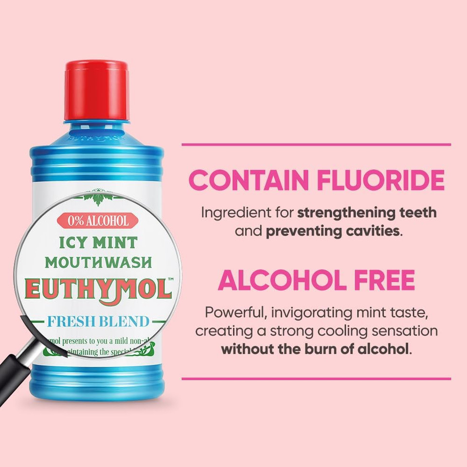 Euthymol Mouthwash ICY Mint 500ml, Contains Flouride, Alcohol-Free, Distinctive Strong Taste Flavour, Reduce Plaque Gingival Clean Healty Teeth Gums, Freshens Breath Refreshing Daily Oral Dental Care