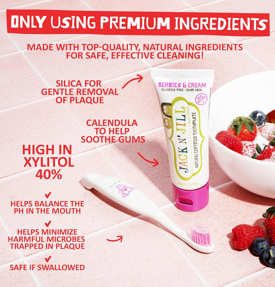 Jack N' Jill Natural Certified Toothpaste - Baby & Toddler Toothpaste, Fluoride-Free, 40% Xylitol, Organic and Sugar-Free, Safe for 6 Months and Up, Makes Tooth Brushing Fun, Flavour Free, 1 x 50g Jack N' Jill Natural Certified Toothpaste - Baby & Toddler Toothpaste, Fluoride-Free, 40% Xylitol, Organic and Sugar-Free, Safe for 6 Months and Up, Makes Tooth Brushing Fun, Flavour Free, 1 x 50g