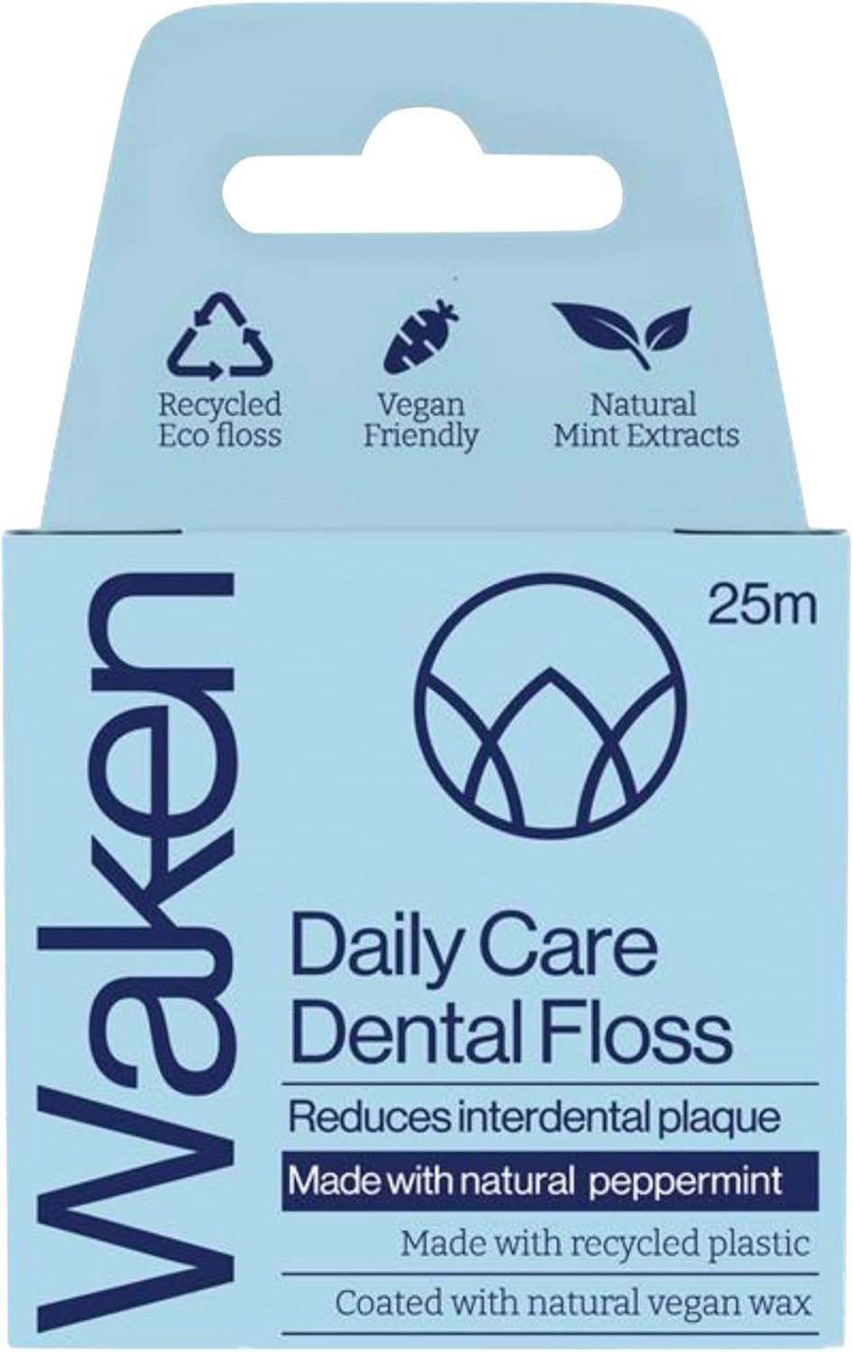 Waken , 25m peppermint dental floss, 100% natural flavor, reduces plaque and gum disease, clinically tested, vegan floss, eco-friendly, sustainable packaging, 100% recyclable, white