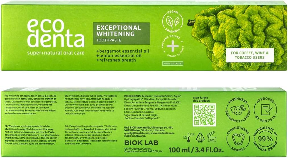 Ecodenta Sensitive Teeth Whitening Toothpaste Fluoride Free - Vegan Friendly Natural Toothpaste for Those with Sensitive Teeth or Porcelain Veneers 100ml