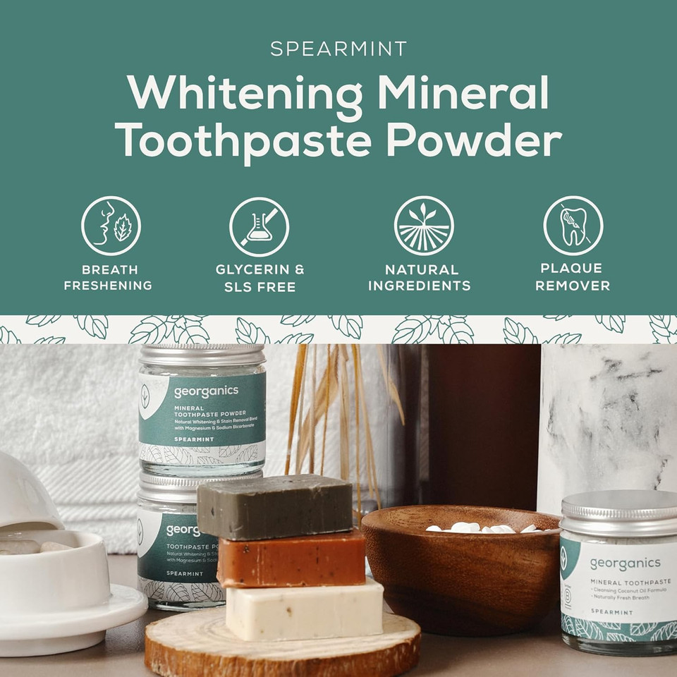 Georganics Whitening Mineral Toothpaste Powder - 60ml - Spearmint - 100% Natural Fluoride Free, SLS Free & Glycerine Free - Stain Removing & Teeth Whitening - Certified Cosmos, Vegan & Cruelty-Free