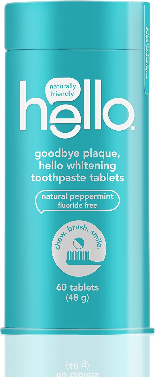 Hello Goodbye Plaque + Whitening Fluoride-Free Travel Toothpaste Tablets, Plastic-Free, Natural Peppermint, Vegan, SLS Free, Peroxide Free, 60 Tablets (48 g)
