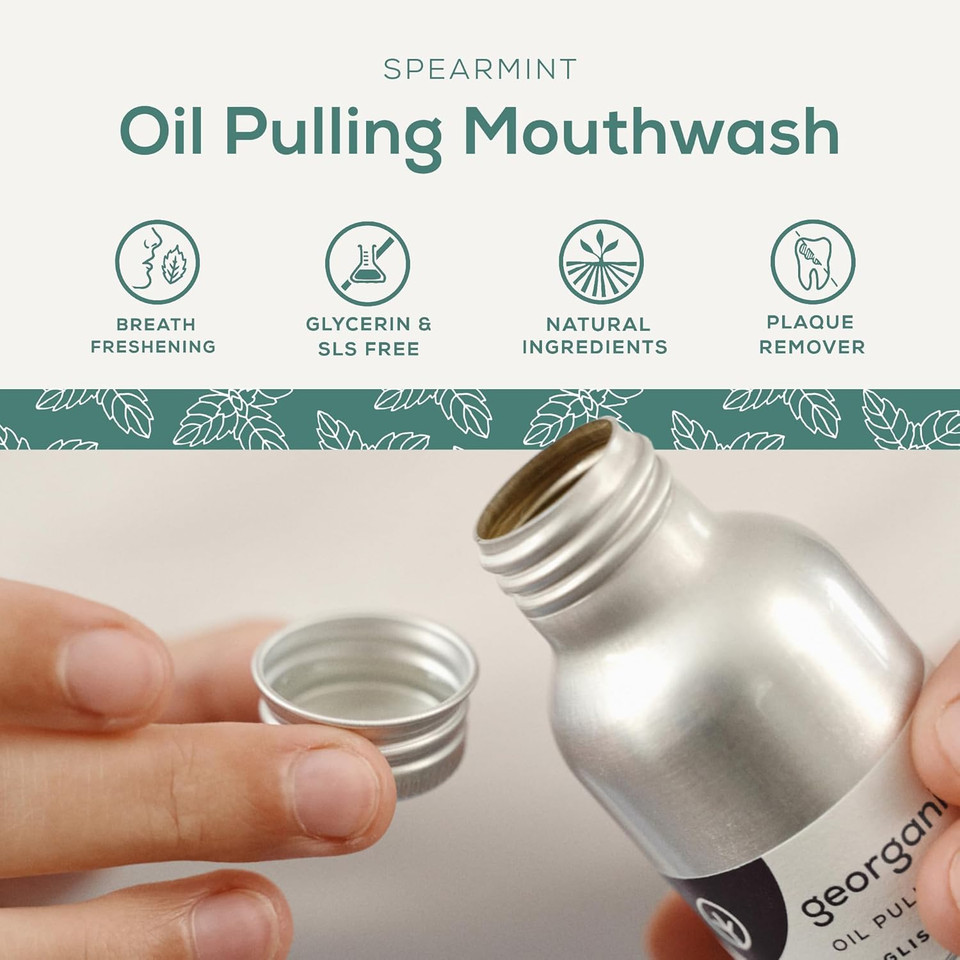 Georganics Whitening Oil Pulling Mouthwash - Spearmint - Plaque-Reducing Coconut Oil Blend - 100% Natural Ingredients - SLS, Glycerine & Fluoride Free - Cosmos Organic, Vegan & Cruelty-Free - 100ml
