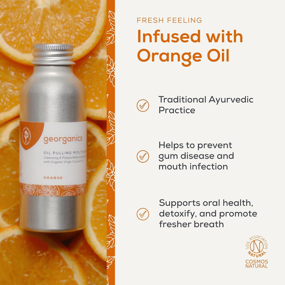 Georganics Whitening Oil Pulling Mouthwash - Orange Flavoured - Plaque-Reducing Coconut Oil Blend - 100% Natural Ingredients - SLS, Glycerine & Fluoride Free - Organic, Vegan, Cruelty-Free - 100ml