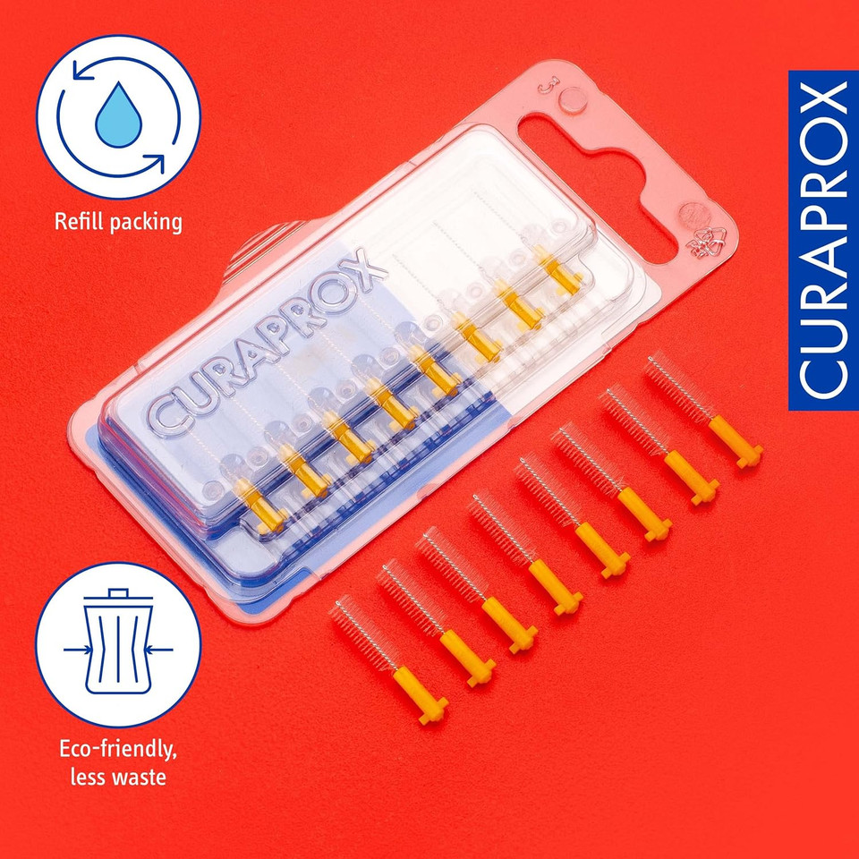 Curaprox CPS 09 Prime Refill Interdental Brushes, Yellow, 8 Count - 8 x 0.9mm - 4mm Internal Toothbrushes