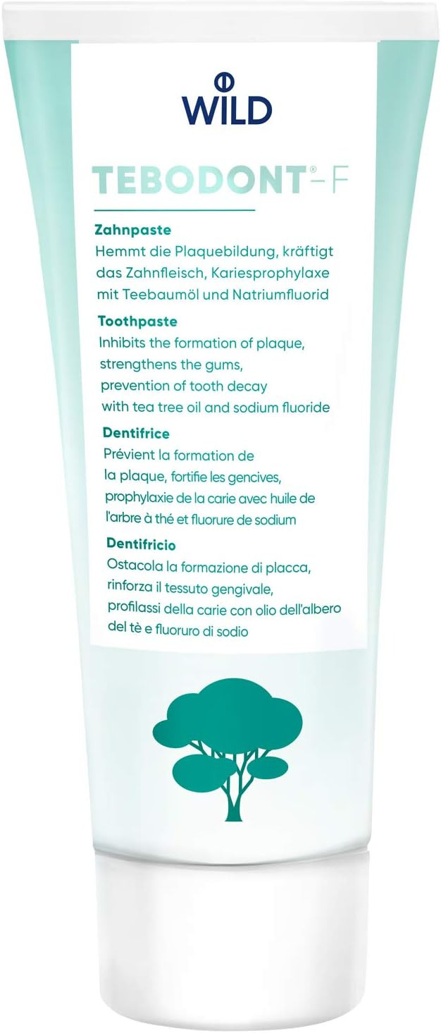 Tebodont-F Toothpaste with Fluoride, for Daily Oral and Dental Care, Prevention of Tooth Decay, Helps Relieve Irritated Gums and Oral mucosa and enhances Plaque Removal, Contains Tea Tree Oil
