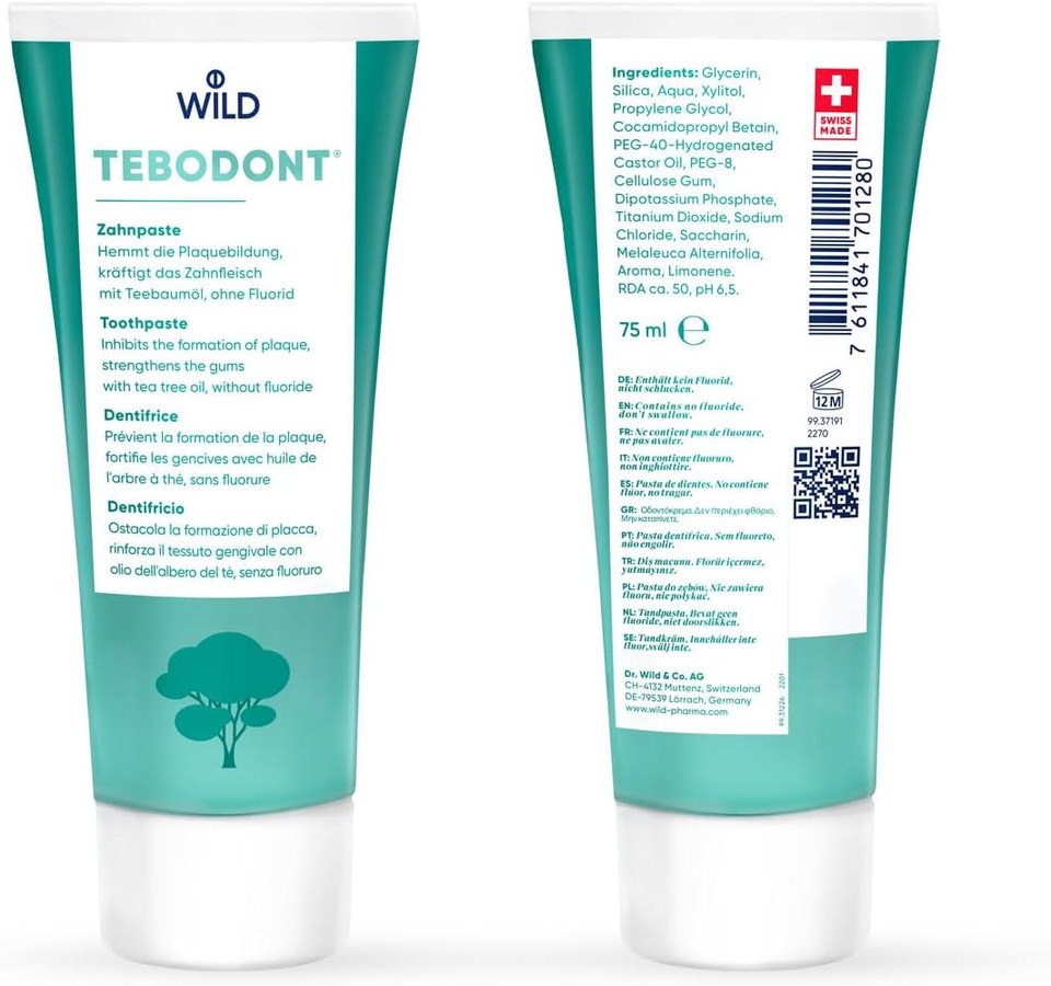 Tebodont Toothpaste Without Fluoride, inhibits The Formation of Plaque, Cares for and Strengthens The Gums, Contains Tea Tree Oil, Without Fluoride