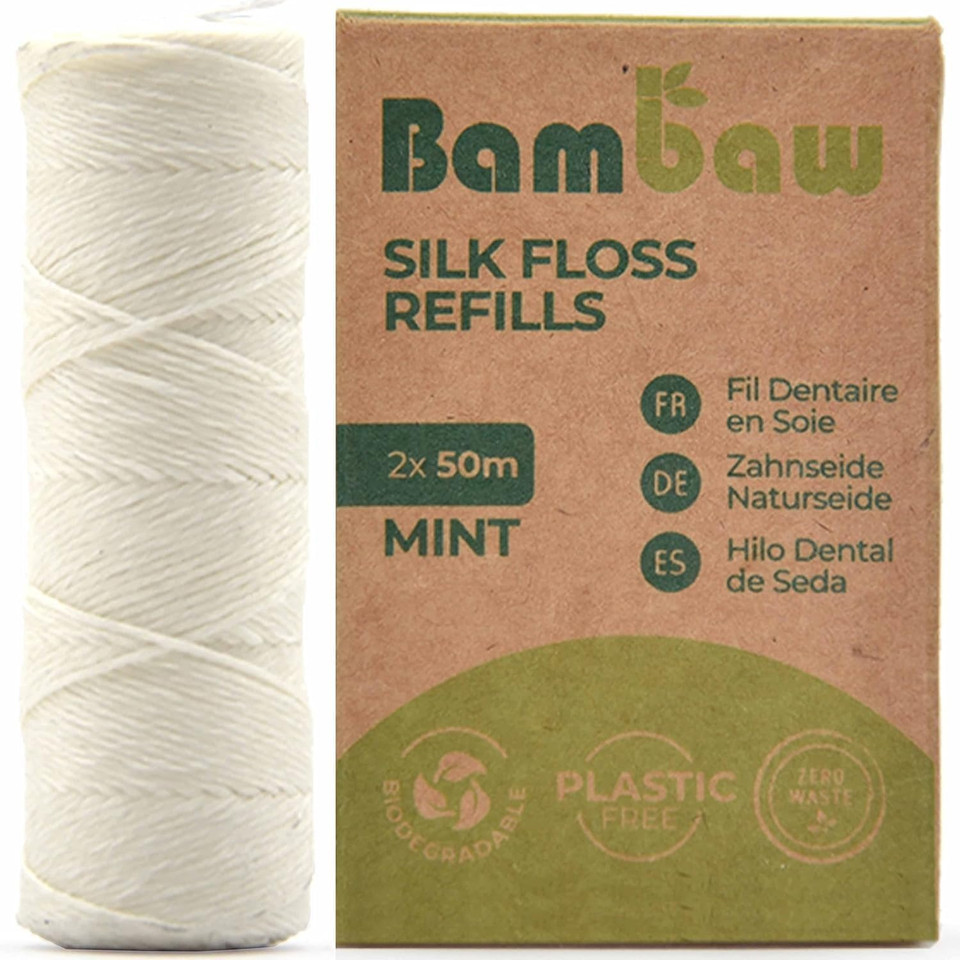 Bambaw Silk Floss Refill | Eco Friendly Non Plastic Dental Floss | Biodegradable Dental Floss Tape - Mint Flavour - 2x50M Refill