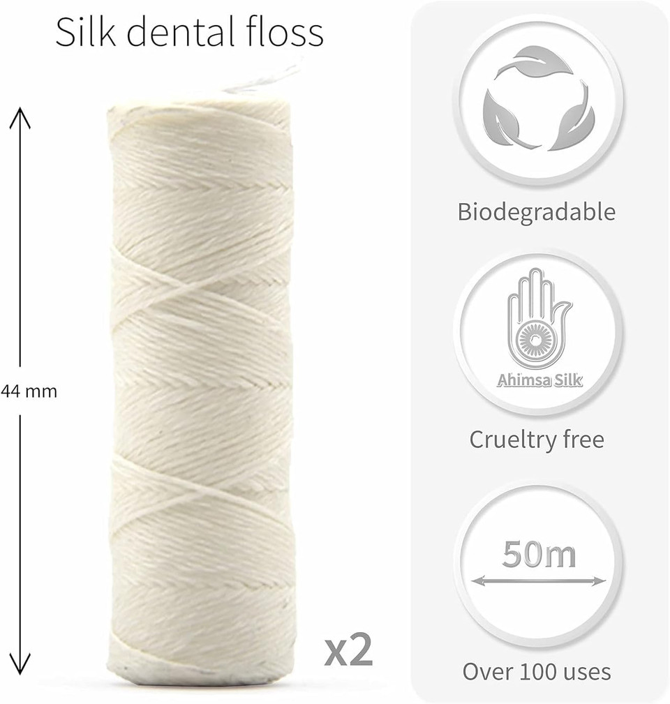 Bambaw Silk Floss Refill | Eco Friendly Non Plastic Dental Floss | Biodegradable Dental Floss Tape - Mint Flavour - 2x50M Refill