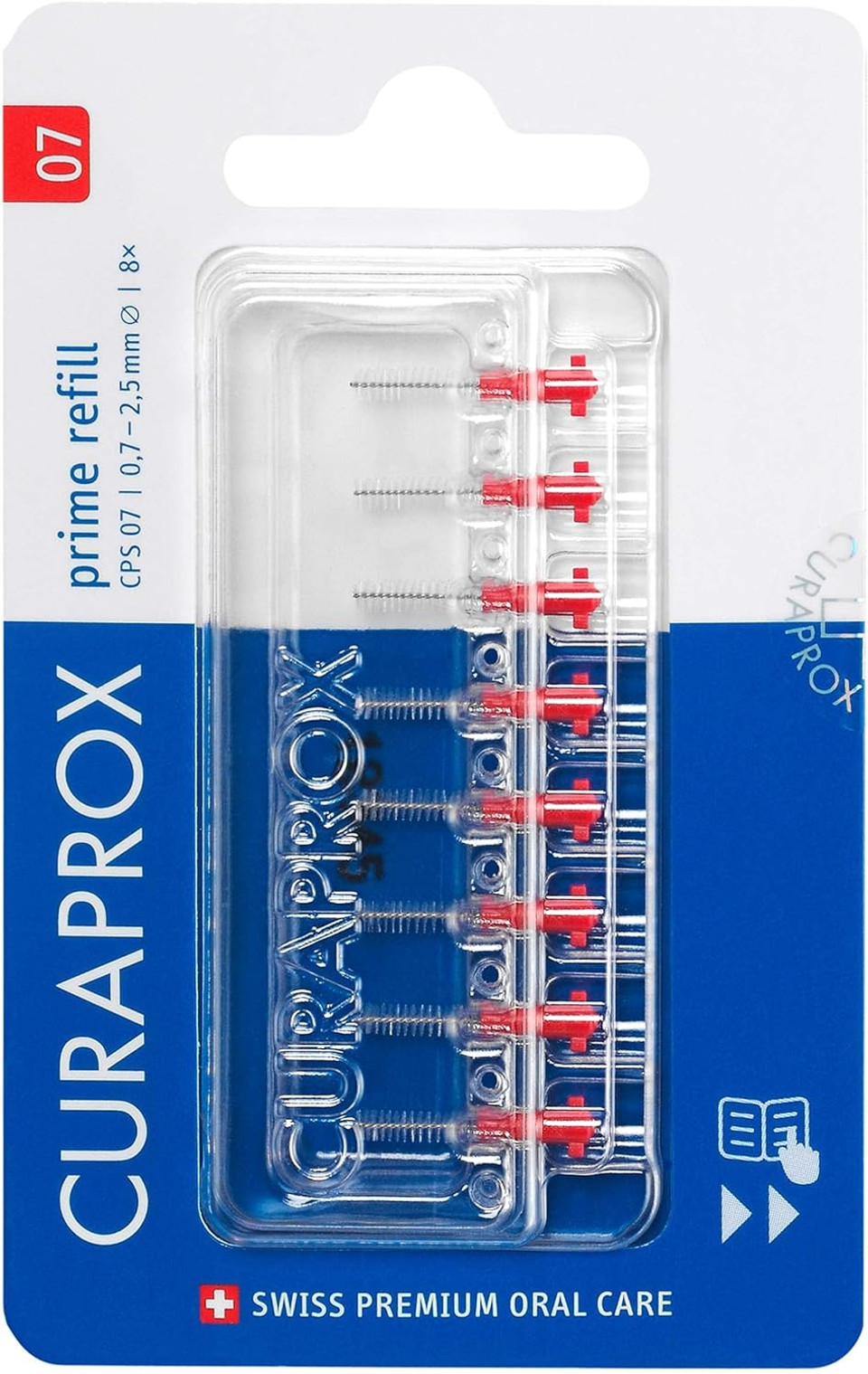 Curaprox CPS 07 Prime Refill Interdental Brushes, Red, 8 Count - 8 x 0.7mm - 2.5mm Internal Toothbrushes