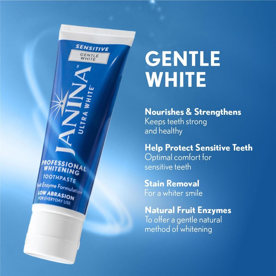 Janina Ultra White 75ml Sensitive Mint Toothpaste, Low Abrasive Formula with Whitening Complex for Teeth Whitening & Relief to Sensitivity, for Everyday Use, Vegan & Cruelty Free