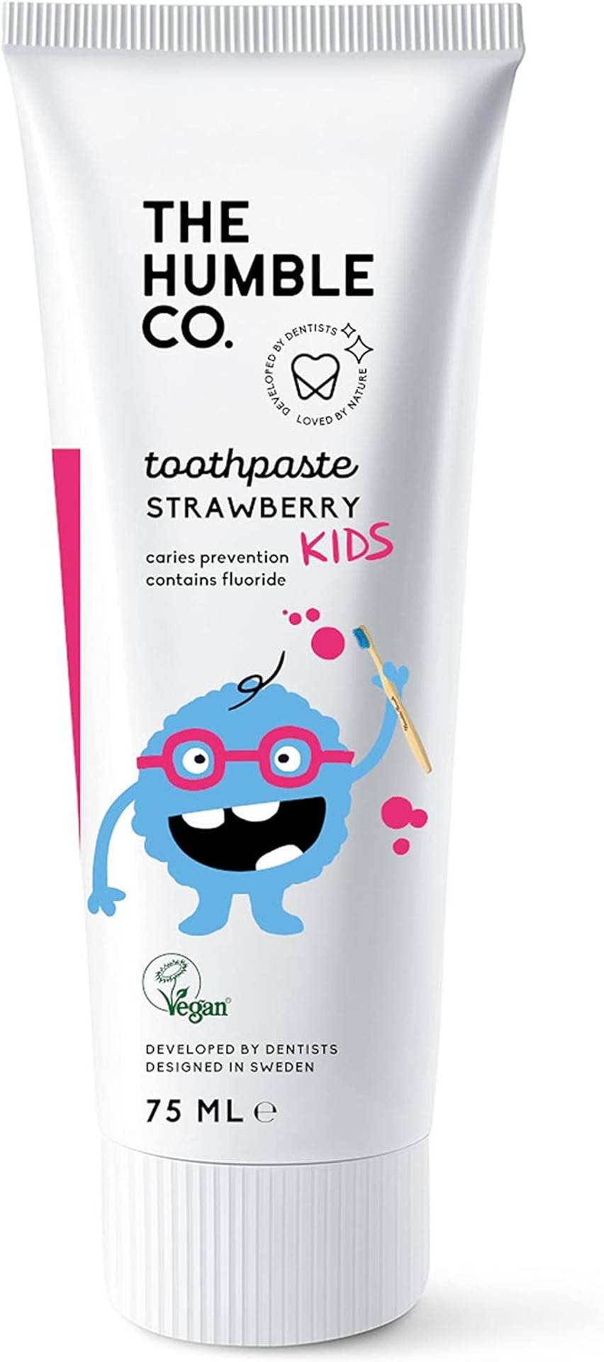 The Humble Co. Natural Fluoride Toothpaste for Kids (1 x75ml) | Strawberry | Eco-Friendly, Vegan for your Everyday Oral Care - Dentist Approved - Prevents Bad Breath, Caries, Plaque