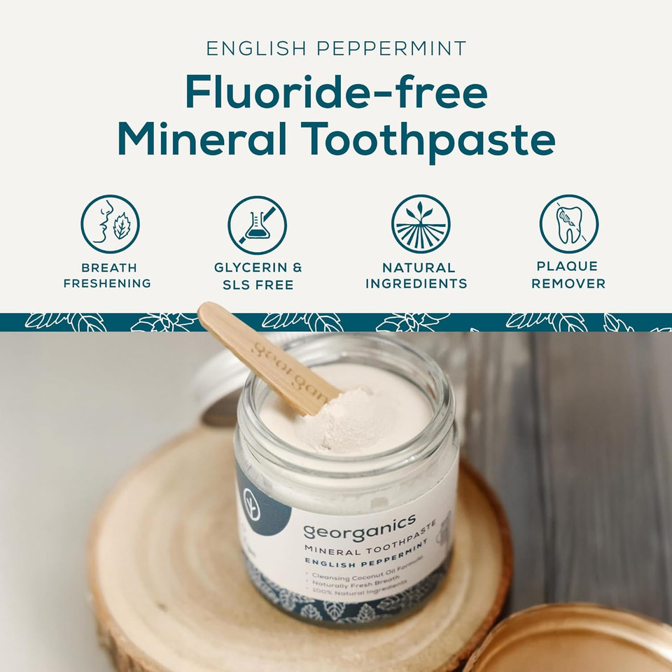 Georganics Mineral Toothpaste - 120ml - Peppermint - 100% Natural, Fluoride Free, SLS Free & Glycerine Free - with Coconut Oil to Support Gum Health - Certified Cosmos Natural, Vegan and Cruelty-Free