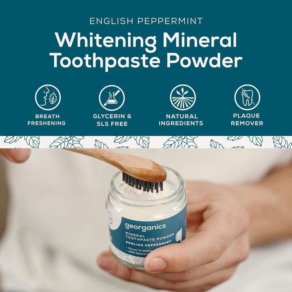 Georganics Whitening Mineral Toothpaste Powder - 120ml - Peppermint - 100% Natural Fluoride Free, SLS Free & Glycerine Free - Stain Removing & Teeth Whitening - Certified Cosmos, Vegan & Cruelty-Free