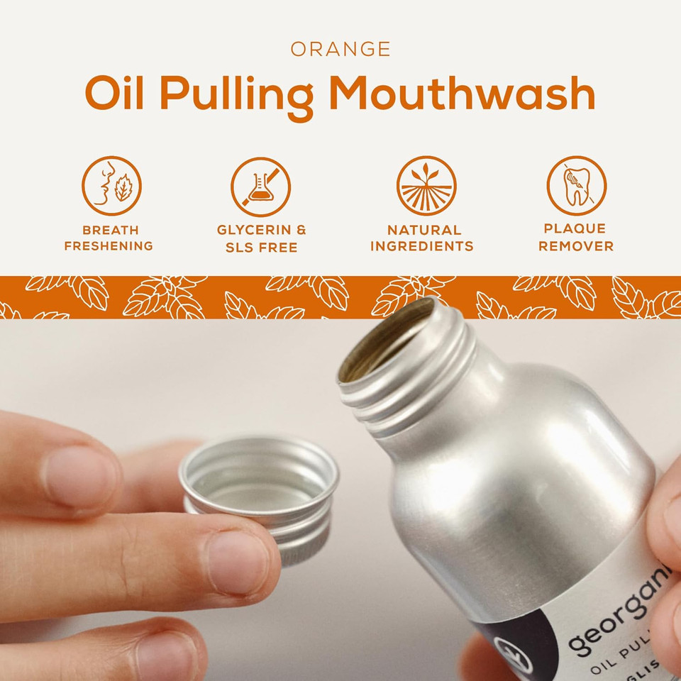 Georganics Whitening Oil Pulling Mouthwash - Orange Flavoured - Plaque-Reducing Coconut Oil Blend - 100% Natural Ingredients - SLS, Glycerine & Fluoride Free - Organic, Vegan, Cruelty-Free - 275ml