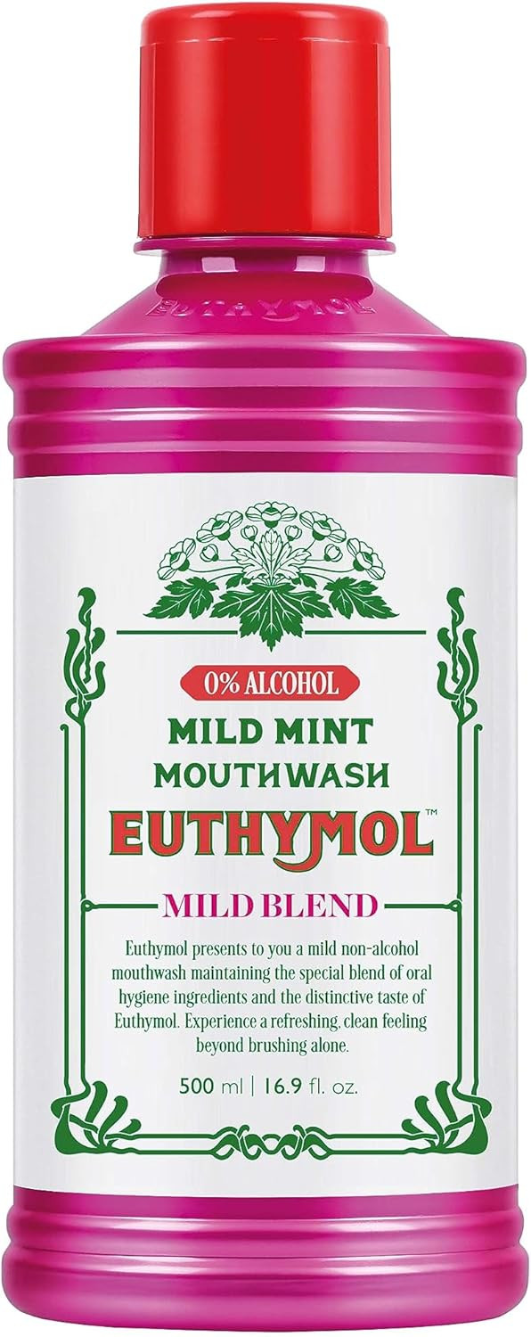 Euthymol Mouthwash Mild Mint 500ml, Contains Flouride, Alcohol-Free, Distinctive Strong Taste Flavour, Reduce Plaque Gingival Clean Healty Teeth Gums, Freshens Breath Refreshing Daily Oral Dental Care