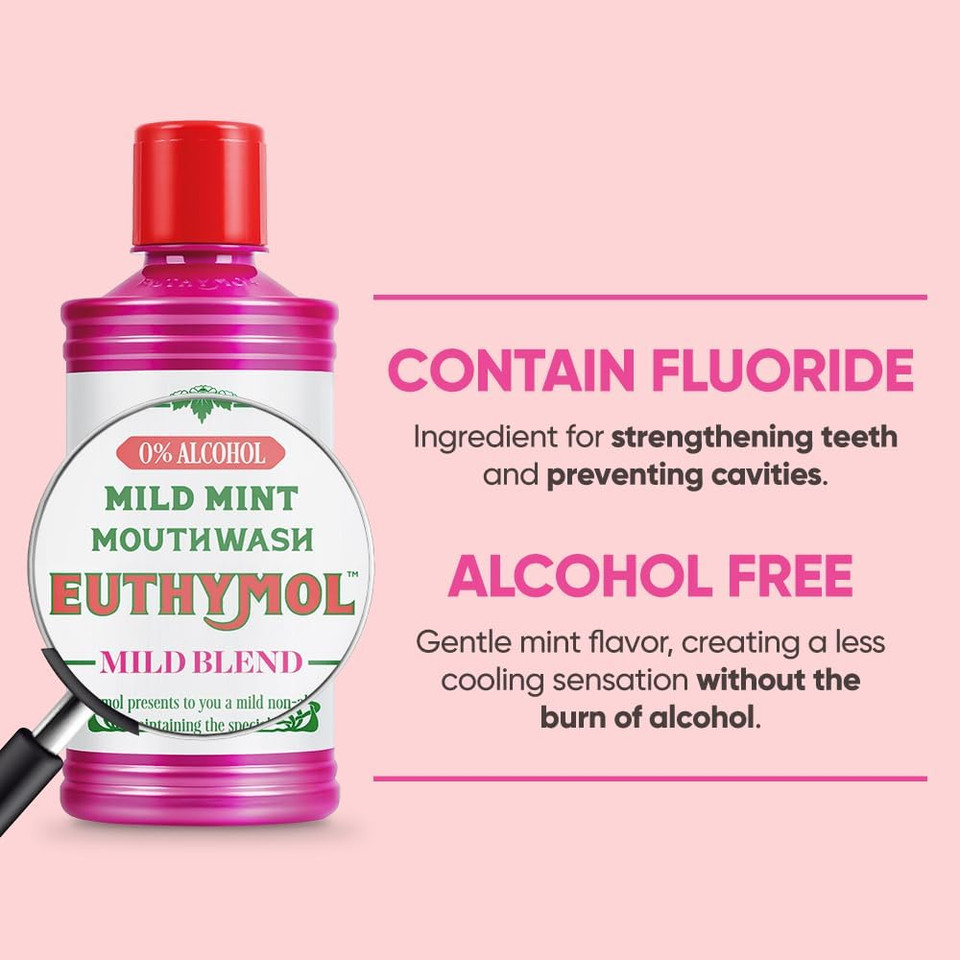 Euthymol Mouthwash Mild Mint 500ml, Contains Flouride, Alcohol-Free, Distinctive Strong Taste Flavour, Reduce Plaque Gingival Clean Healty Teeth Gums, Freshens Breath Refreshing Daily Oral Dental Care