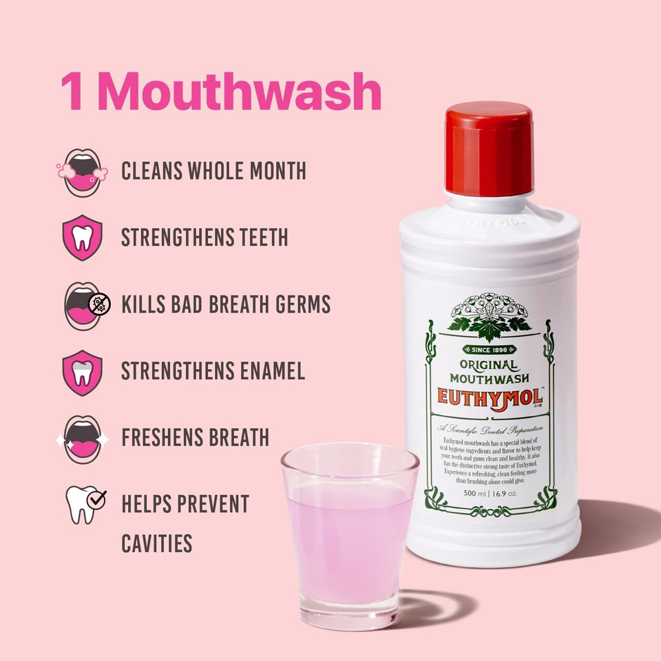 Euthymol Mouthwash Mild Mint 500ml, Contains Flouride, Alcohol-Free, Distinctive Strong Taste Flavour, Reduce Plaque Gingival Clean Healty Teeth Gums, Freshens Breath Refreshing Daily Oral Dental Care