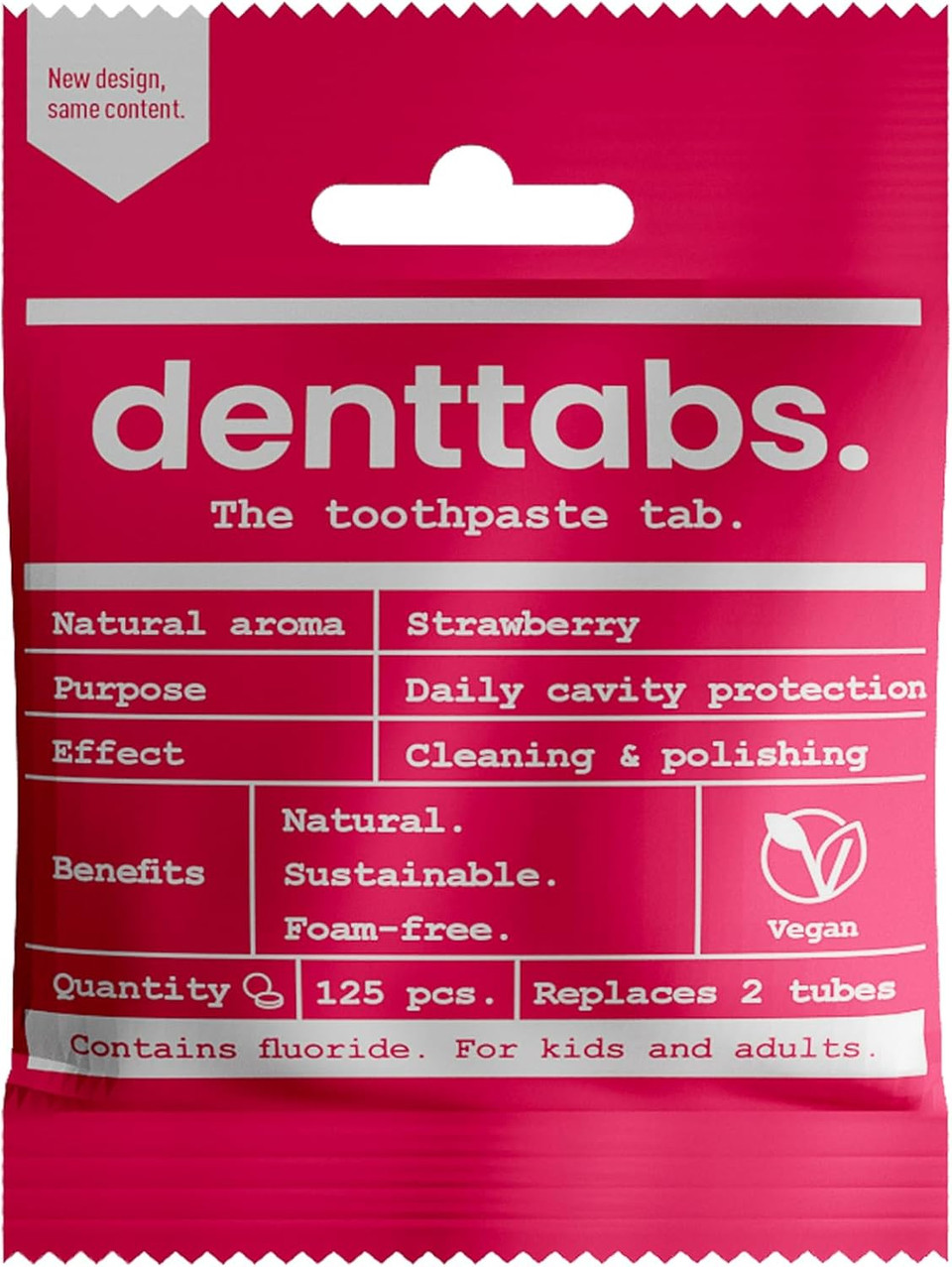 Denttabs Toothbrush Tablets Strawberry Flavour 2 x 125 Pieces The Complete Alternative to Toothpaste, Fluoride-Free for Children and Adults, Vegan Plastic-Free without Preservatives. Compostable Bag