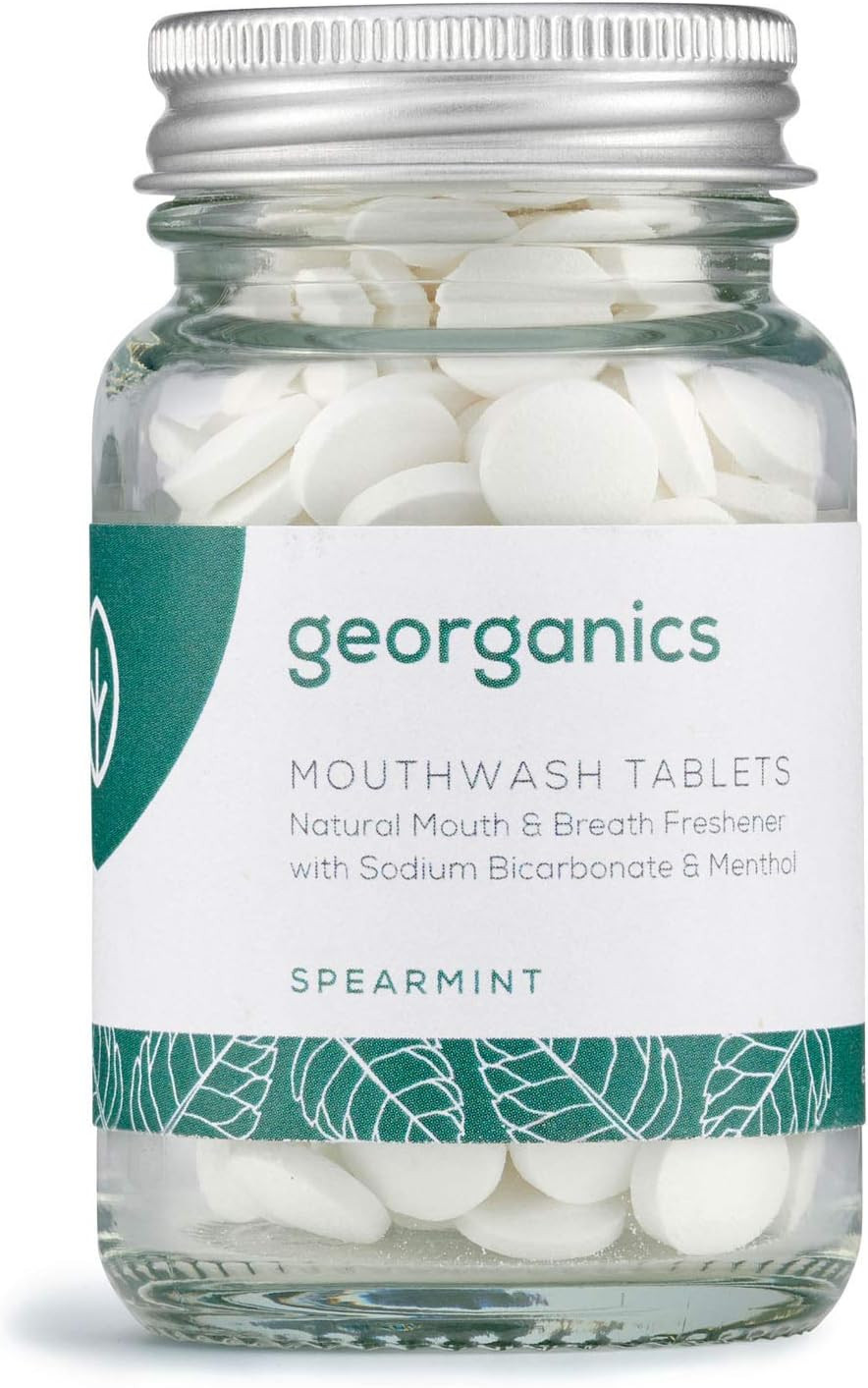 Georganics Organic Mouthwash Tablets - 180 Tablets - 3 Month Supply - Organic Spearmint Flavour - for Bad Breath - SLS, Glycerine & Fluoride Free - Certified Cosmos Natural, Vegan & Cruelty Free