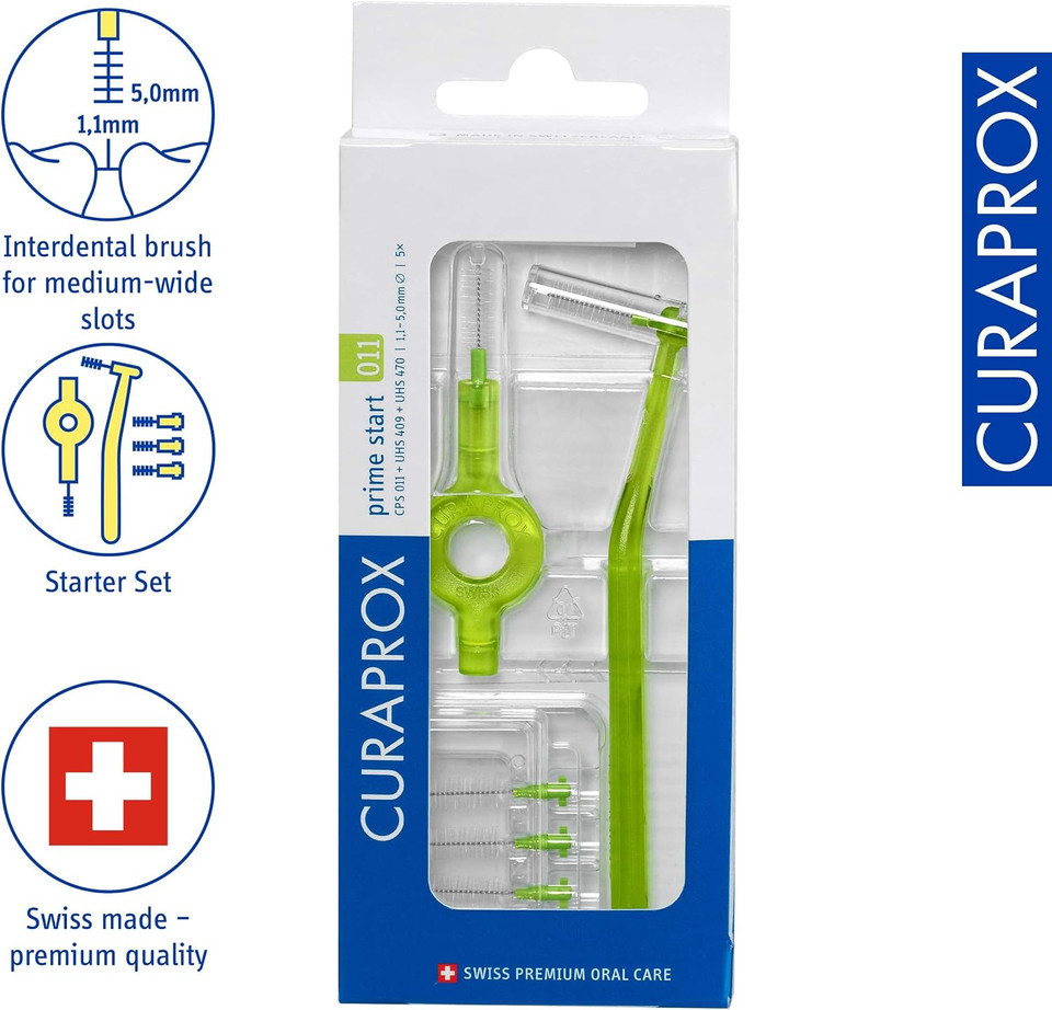 Curaprox CPS 011 Prime Start Interdental Brush Kit, Lime Green - 5 x 1,1mm - 5,0mm Interdental Brushes + 2 Interdental Toothbrush Holders