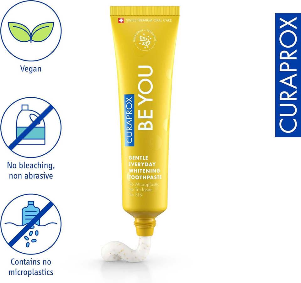 Curaprox Be You Grapefruit + Bergamot Toothpaste Yellow 60ml - Gentle Everyday Whitening Toothpaste - SLS Free, Microplastic Free, Triclosan Free, Fluoride Toothpaste