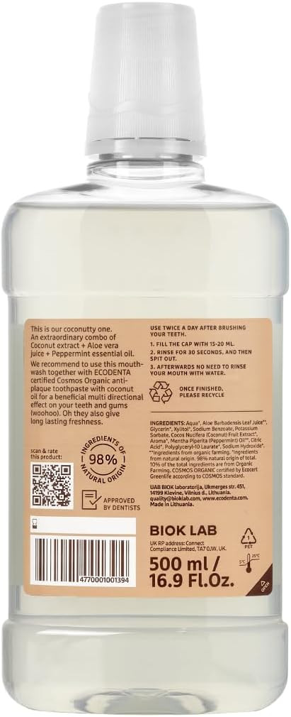 Ecodenta Fluoride Free Mouthwash Alcohol Free - Certified Organic Minty Coconut Mouth Wash for Bad Breath 500ml
