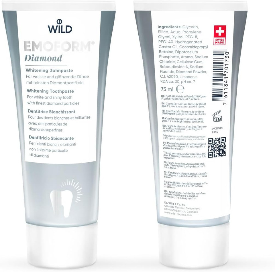 Emoform Diamond Toothpaste, 100g - Gently Cleans and Polishes Teeth with Finest Diamond Particles, Whitening, Low Abrasivity, SLS & Peroxide Free