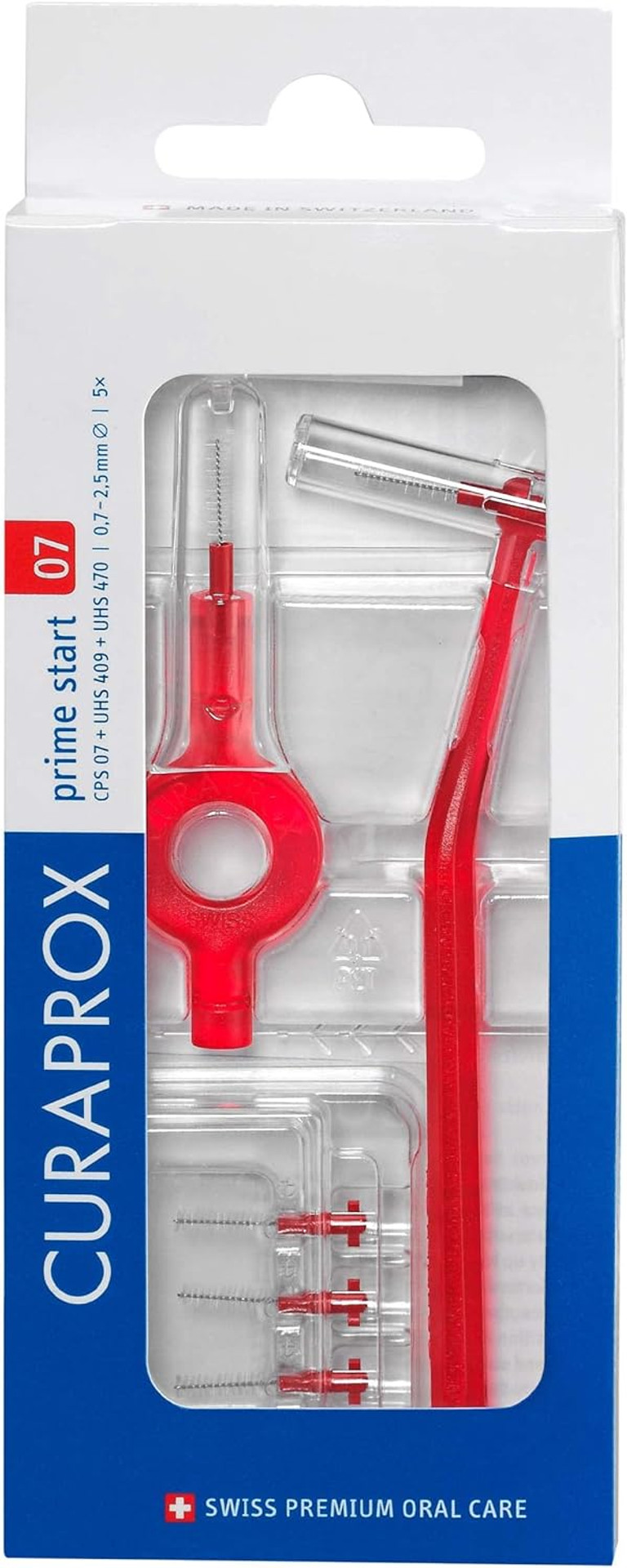 Curaprox CPS 07 Prime Start Interdental Brush Kit, Red - 5 x 0.7mm - 2.5mm Interdental Brushes + 2 Interdental Toothbrush Holders