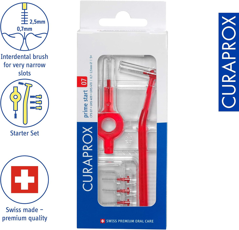 Curaprox CPS 07 Prime Start Interdental Brush Kit, Red - 5 x 0.7mm - 2.5mm Interdental Brushes + 2 Interdental Toothbrush Holders