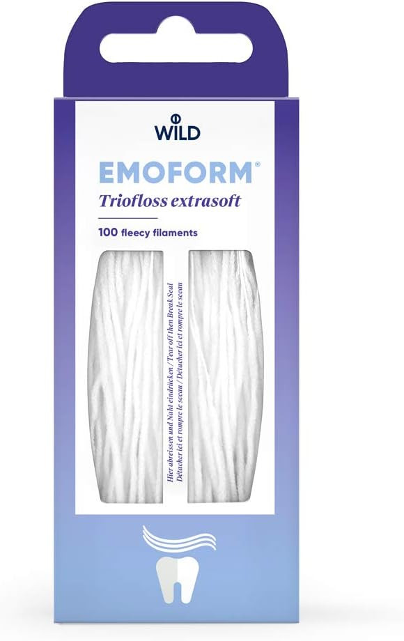 Emoform Triofloss, extra soft, carded nylon threads, for cleaning interdental spaces under bridges, and braces