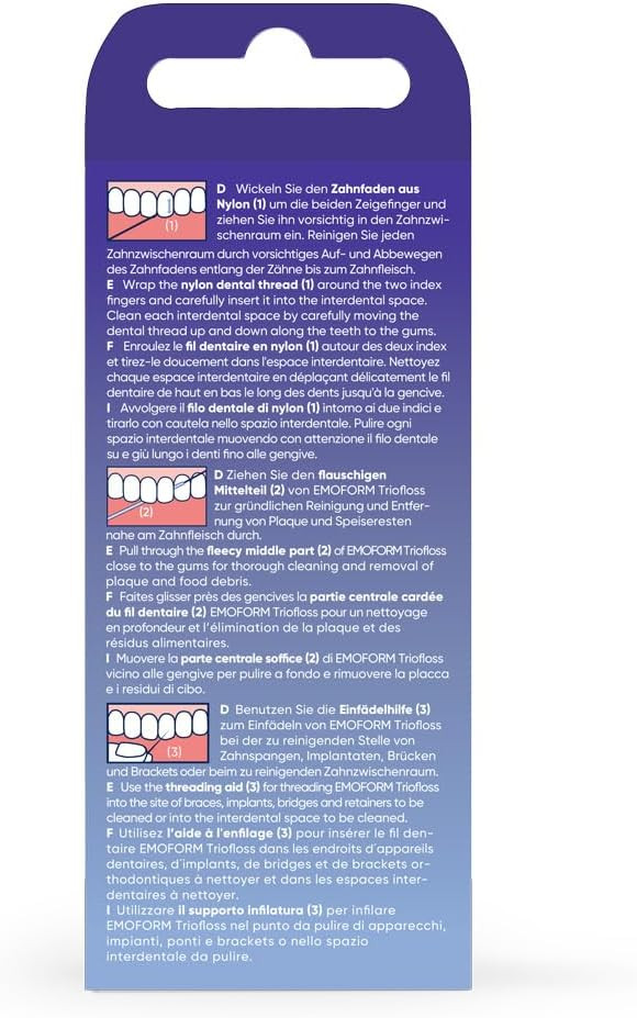 Emoform Triofloss, extra soft, carded nylon threads, for cleaning interdental spaces under bridges, and braces
