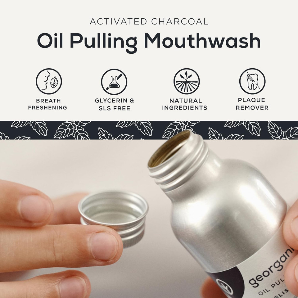 Georganics Whitening Oil Pulling Mouthwash - Activated Charcoal - Plaque-Reducing Coconut Oil Blend - 100% Natural Ingredients - SLS, Glycerine & Fluoride Free - Organic, Vegan, Cruelty-Free - 275ml