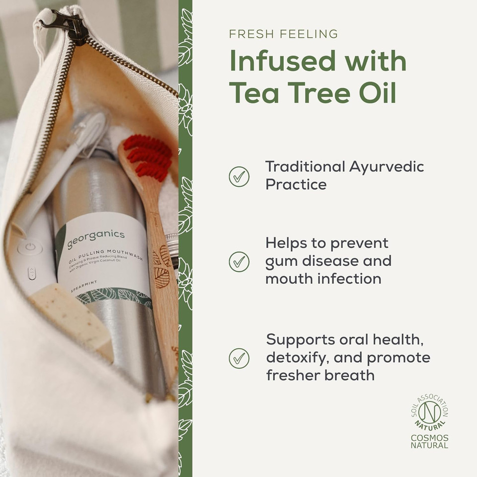 Georganics Whitening Oil Pulling Mouthwash - Tea Tree Flavoured - Plaque-Reducing Coconut Oil Blend - 100% Natural Ingredients - SLS, Glycerine & Fluoride Free - Organic, Vegan, Cruelty-Free - 275ml