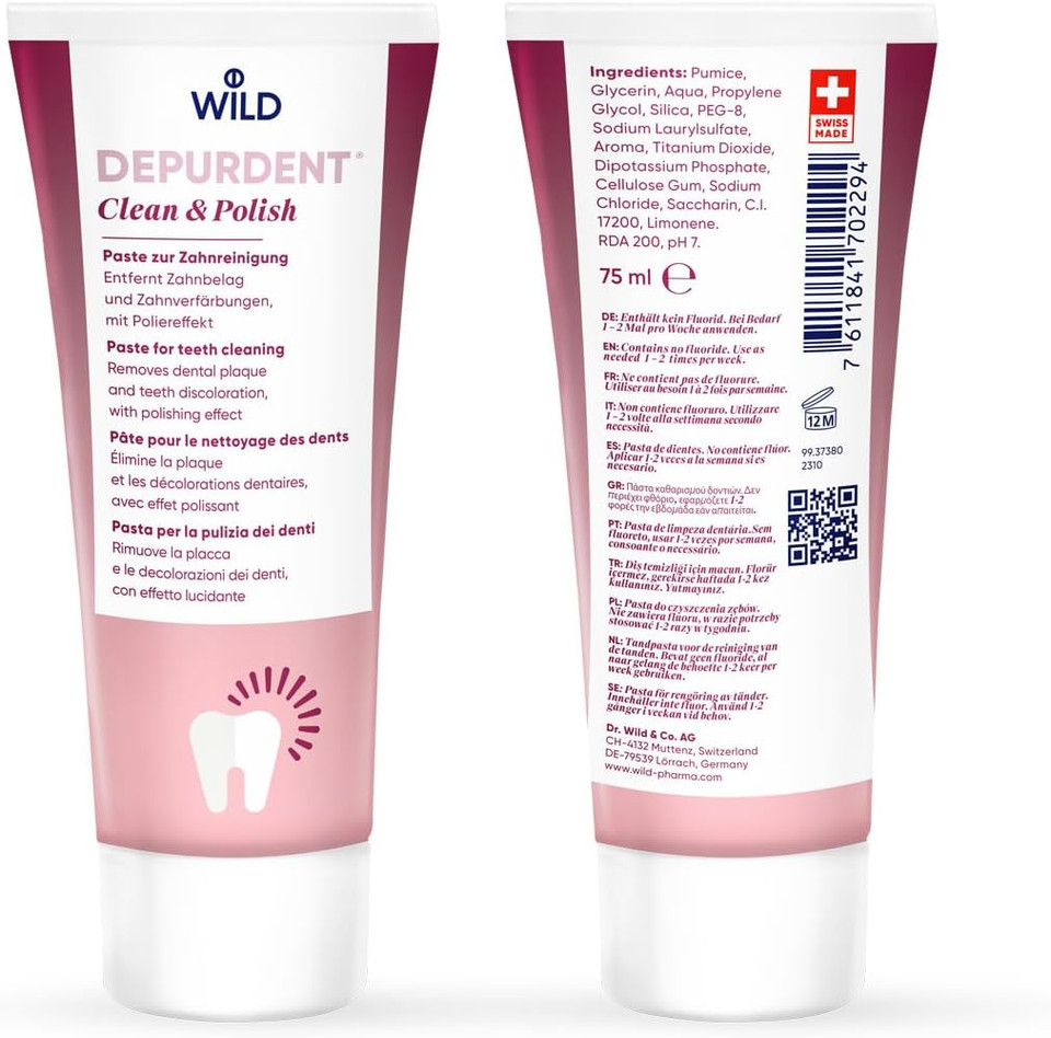 Depurdent Clean & Polish Paste for teeth cleaning, removes dental plaque and teeth discoloration with polishing effect