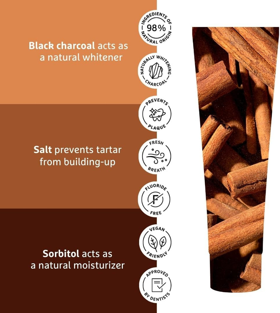 Ecodenta Black Whitening Toothpaste Set: Activated Carbon (Orange), Cinnamon (Black), Fluoride-Free, 3x100ml