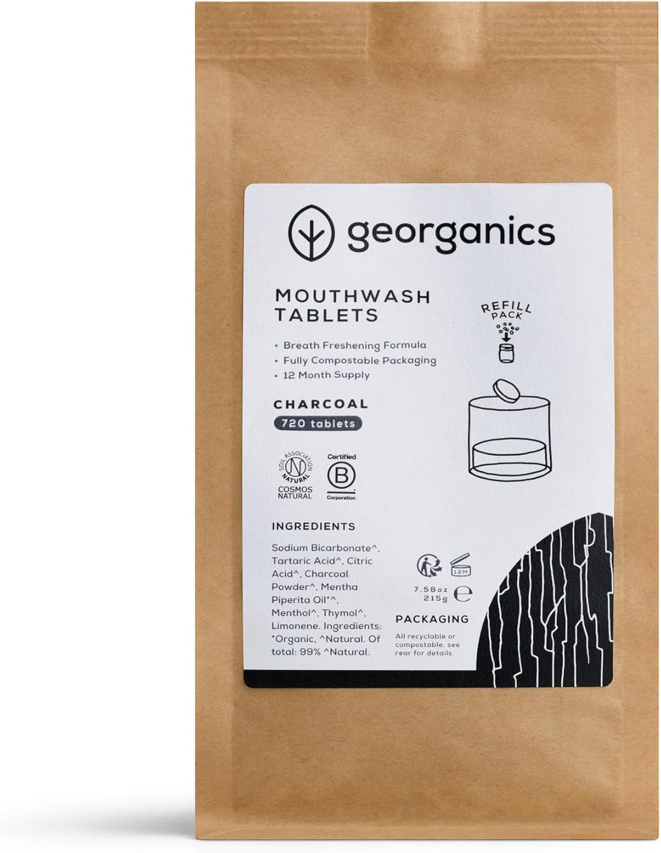 Georganics Organic Mouthwash Tablets Refill Pack - Activated Charcoal Flavoured Natural Mouthwash for Bad Breath - SLS, Glycerine & Fluoride Free - Certified Natural, Vegan & Cruelty Free - 720 Tabs