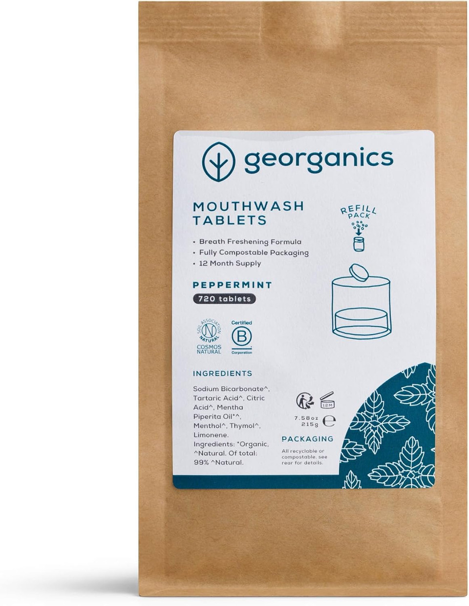 Georganics Organic Mouthwash Tablets Refill Pack - 720 Tablets - 1 Years Supply - Peppermint Flavour - for Bad Breath - SLS, Glycerine & Fluoride Free - Certified Cosmos Natural, Vegan & Cruelty Free